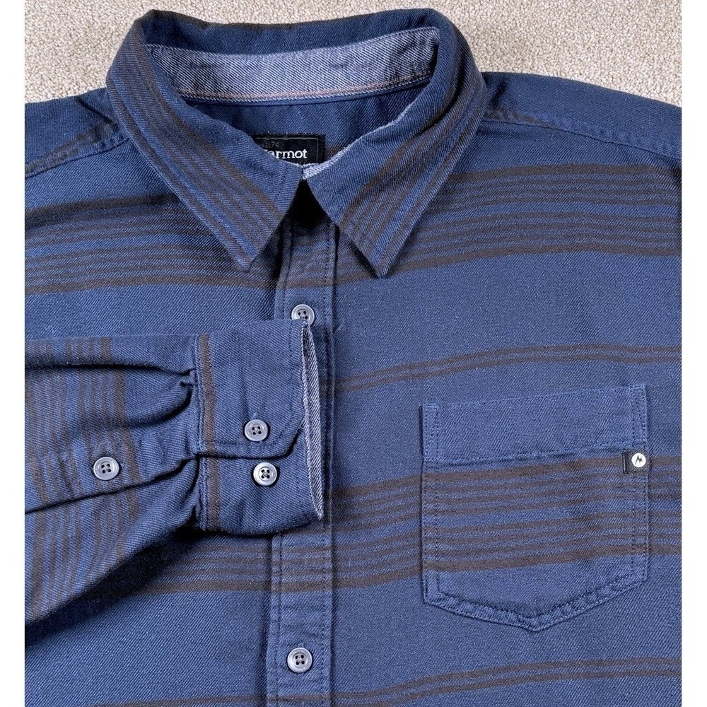 Marmot Shirt Mens XL Blue Brown Stripe Button Up‎ Flannel Long Sleeve Casual